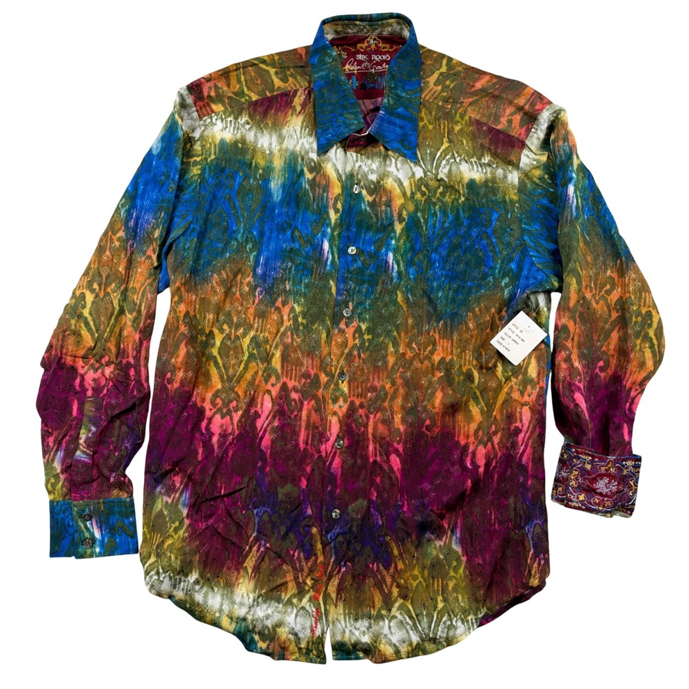 NEW Robert Graham Button Down Men Large Green Silk Road Tie Dye Jacquard